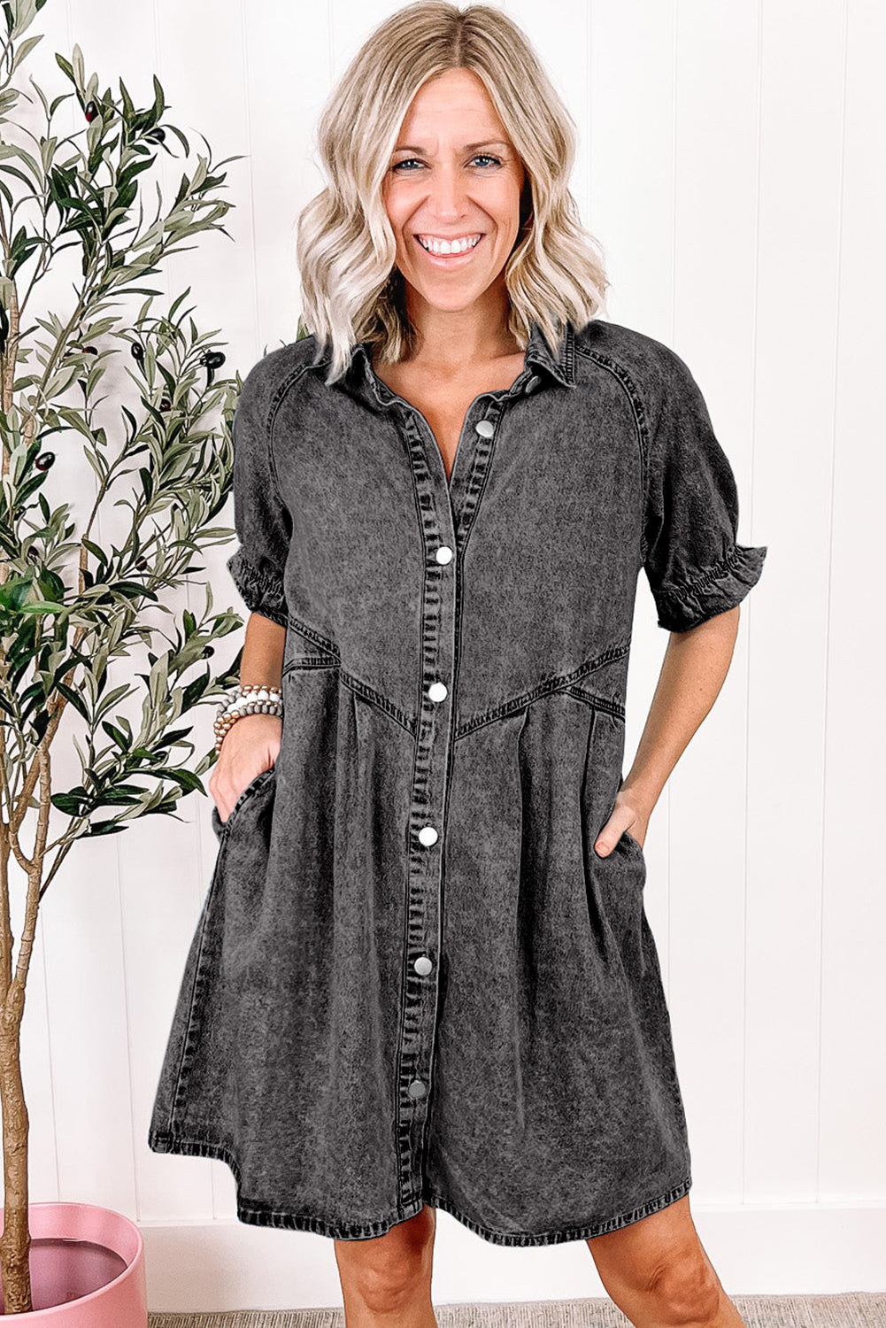 Ruffled Short Sleeve Buttoned Denim Dress Mini Dresses MyDresses 