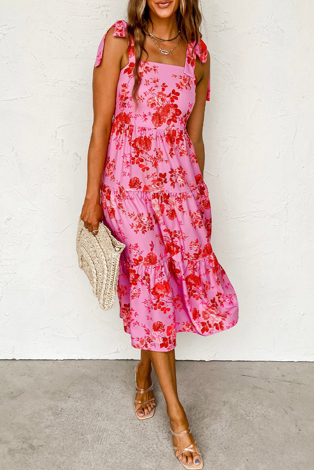 Tiered Floral Midi Dress with Tie Strap Maxi Dresses MyDresses Pink 8 | S 