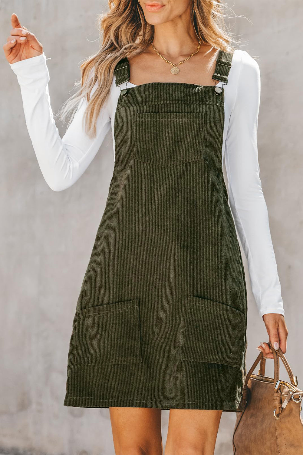 Corduroy Overall Dress with Adjustable Straps and Front Pockets Mini Dresses MyDresses 