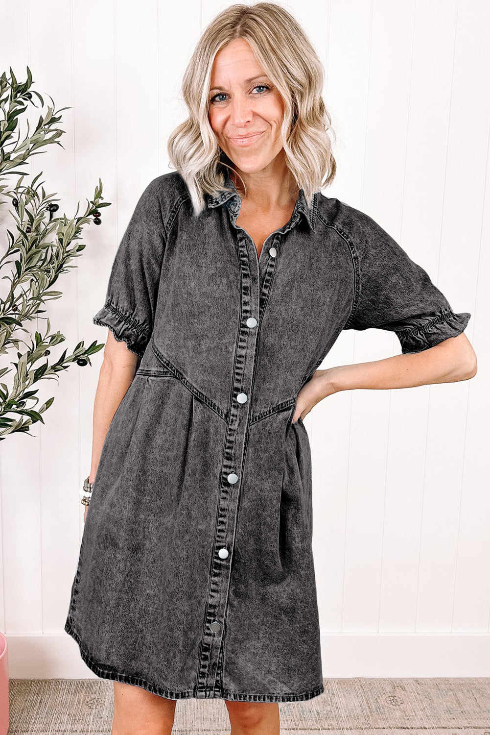 Ruffled Short Sleeve Buttoned Denim Dress Mini Dresses MyDresses 