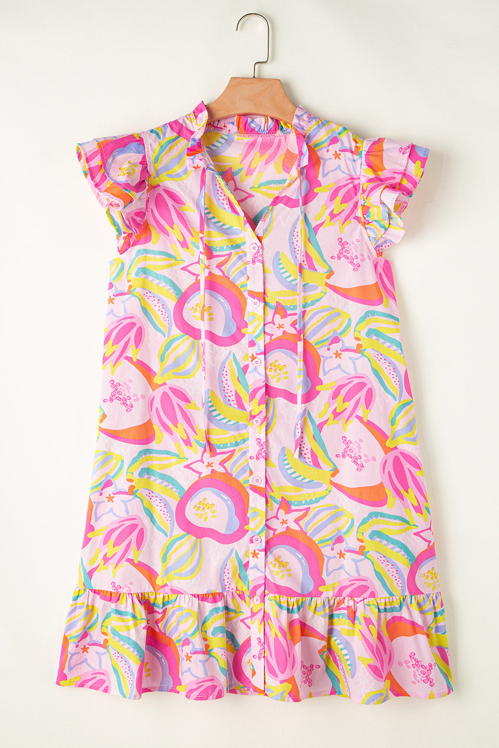 Tropical Print Button-Down Dress with Ruffle Trim and Flutter Sleeves Floral Dresses MyDresses 