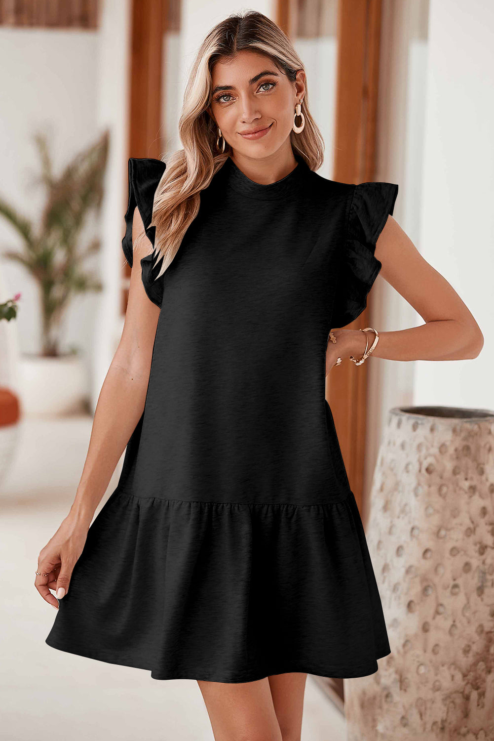 Crew Neck Shift Dress with Flutter Sleeve Mini Dresses MyDresses 