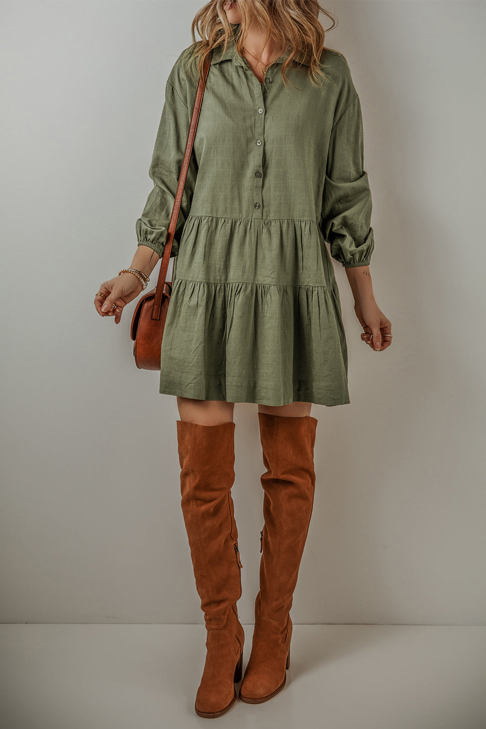 Jungle Green Puff Sleeve Buttoned Tiered Pleated Shirt Mini Dress Mini Dresses MyDresses