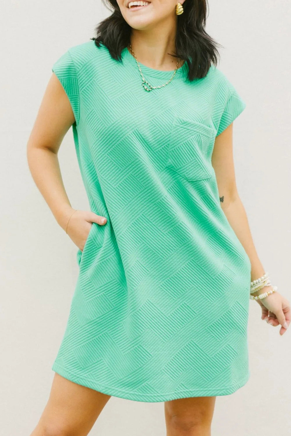 Textured Cap Sleeve T-Shirt Dress T Shirt Dresses MyDresses Mint Green S 