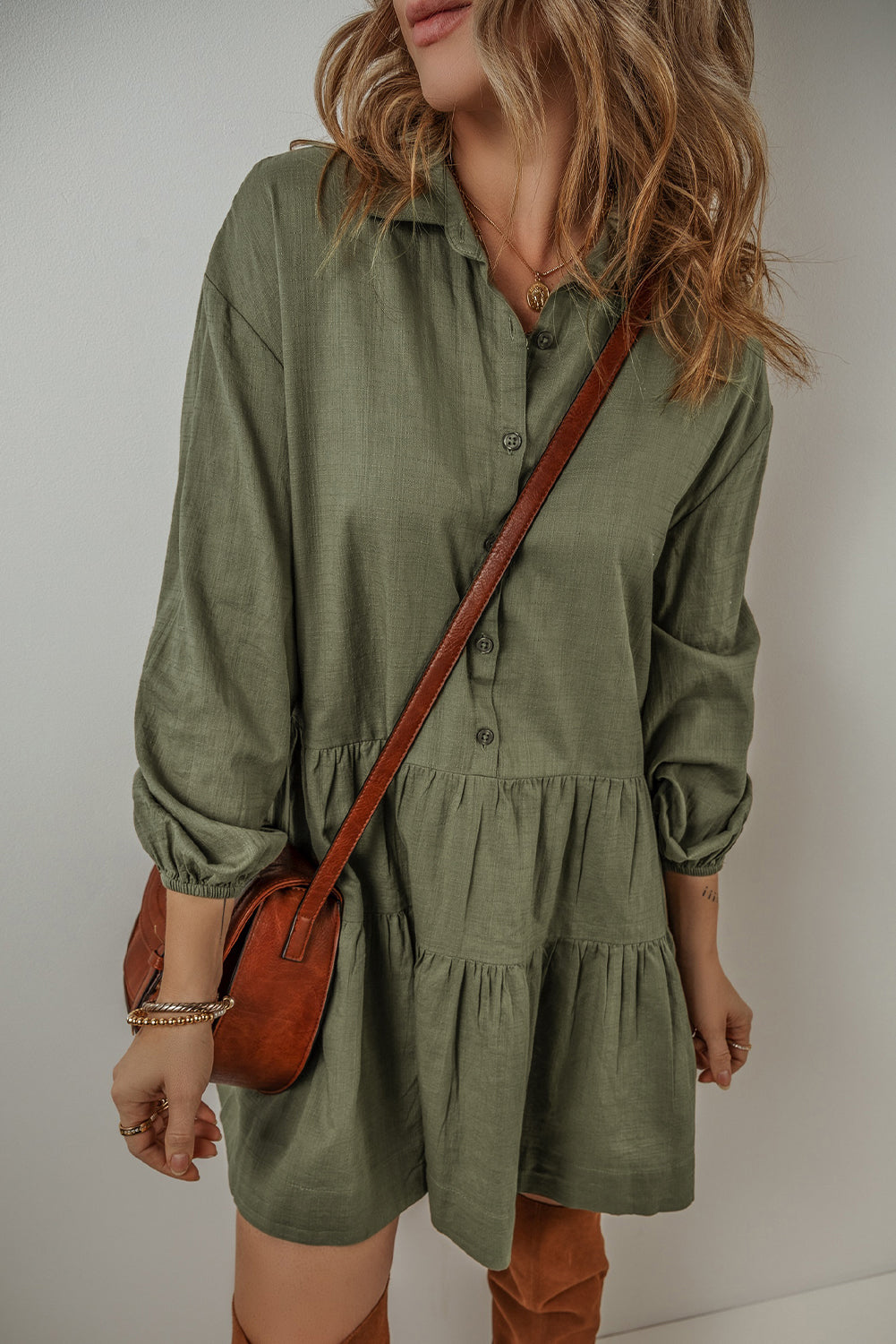 Jungle Green Puff Sleeve Buttoned Tiered Pleated Shirt Mini Dress Mini Dresses MyDresses