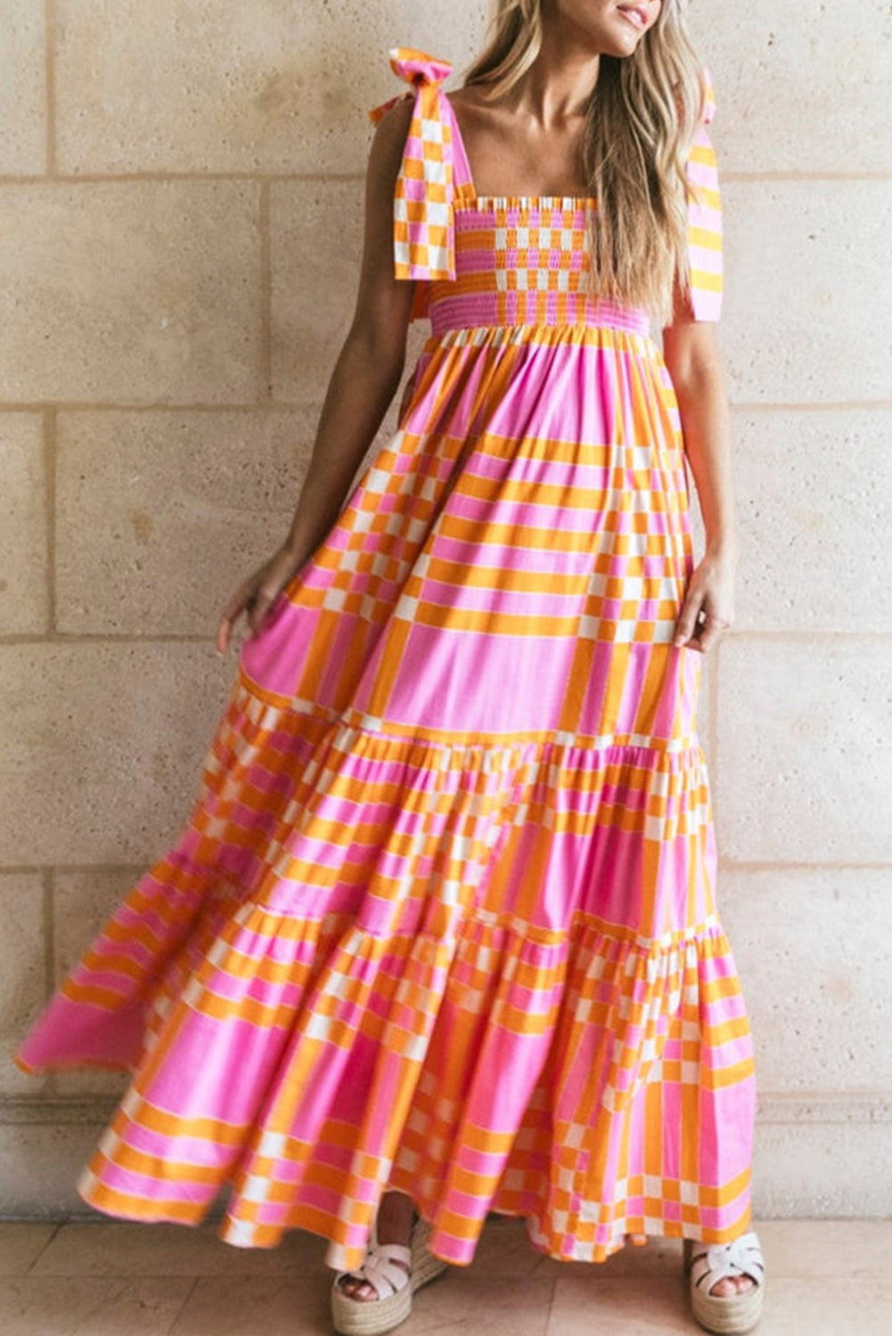 Boho Gingham Smocked Maxi Dress with Tied Straps Maxi Dresses MyDresses Pink - Orange S 