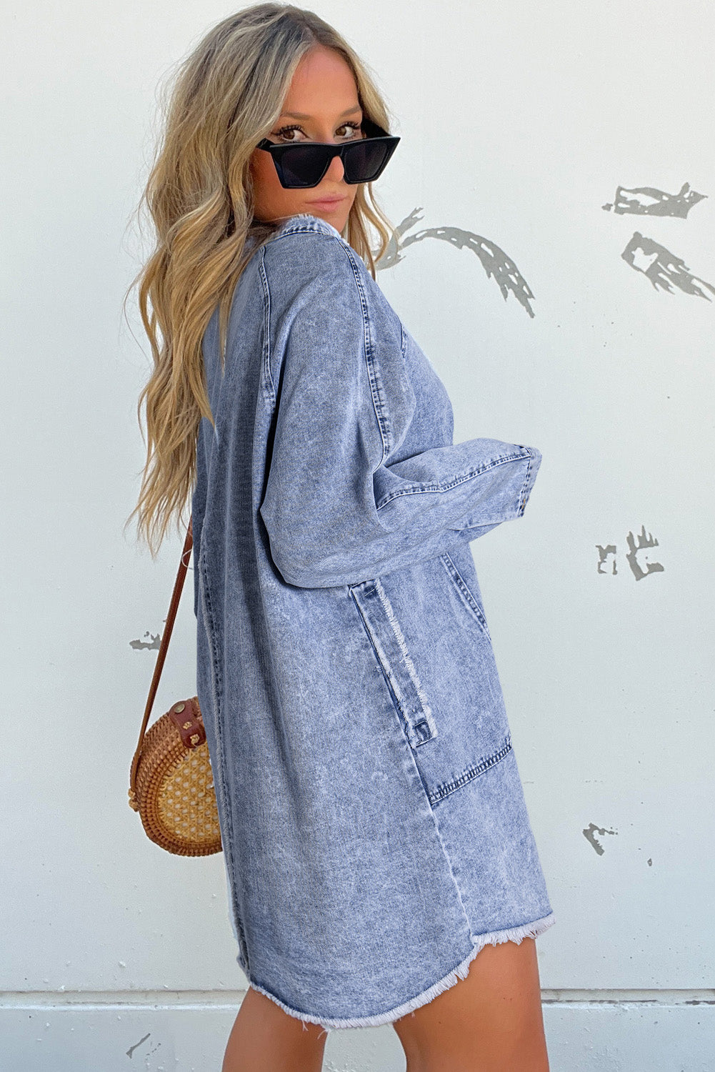 Button-Up Denim Dress with Raw Hem and Pockets Mini Dresses MyDresses 