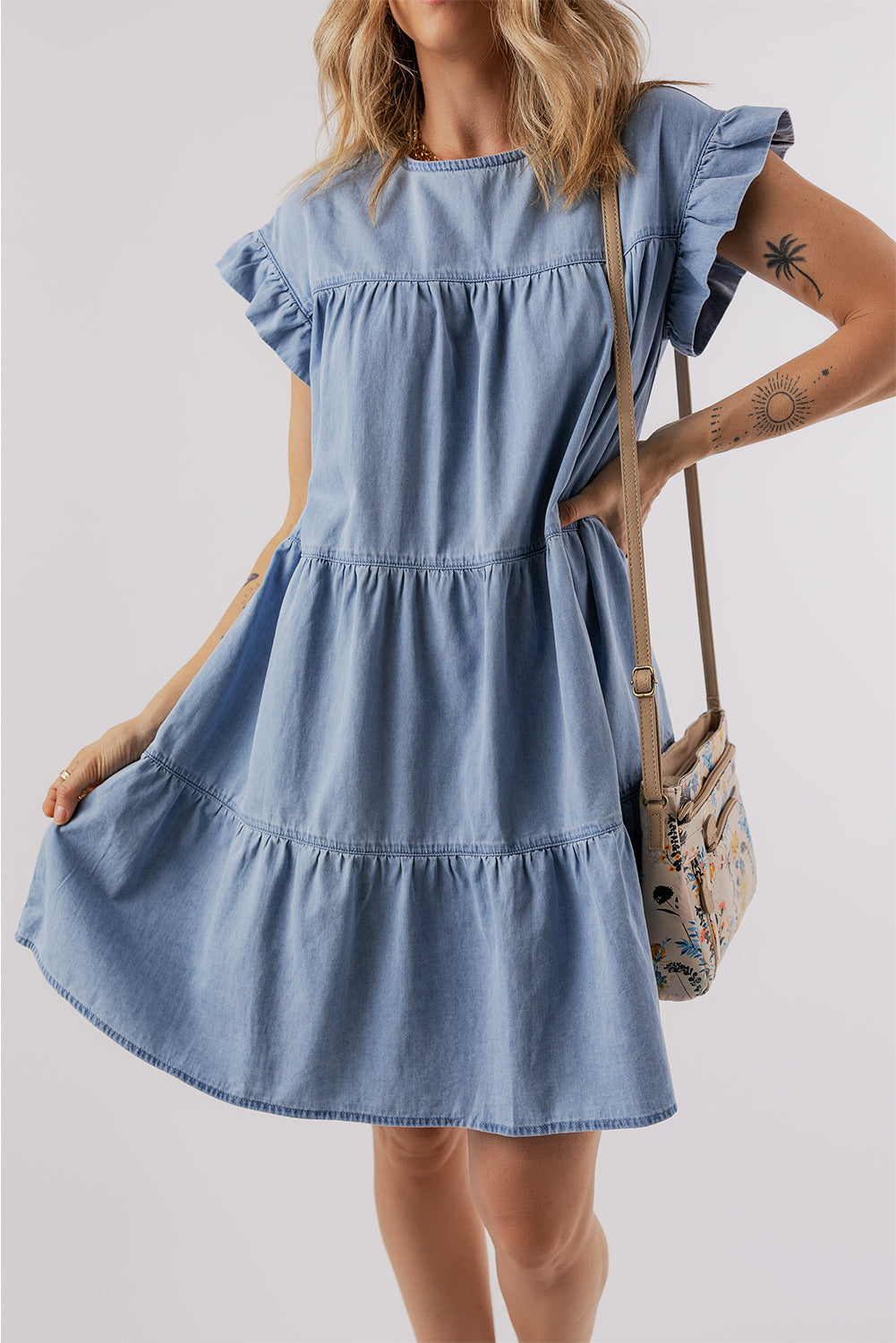 Ruffle Sleeve Denim Dress with Tiered A-line Design Mini Dresses MyDresses 