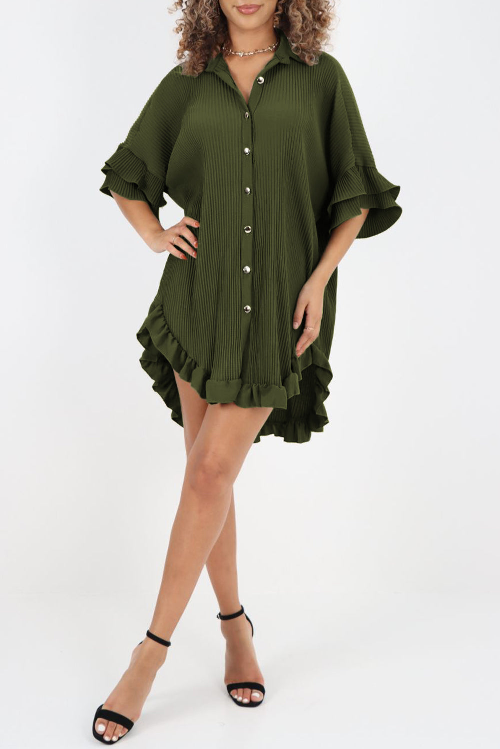 High-Low Hem Ruffle Sleeve Pleated Dress Mini Dresses MyDresses 