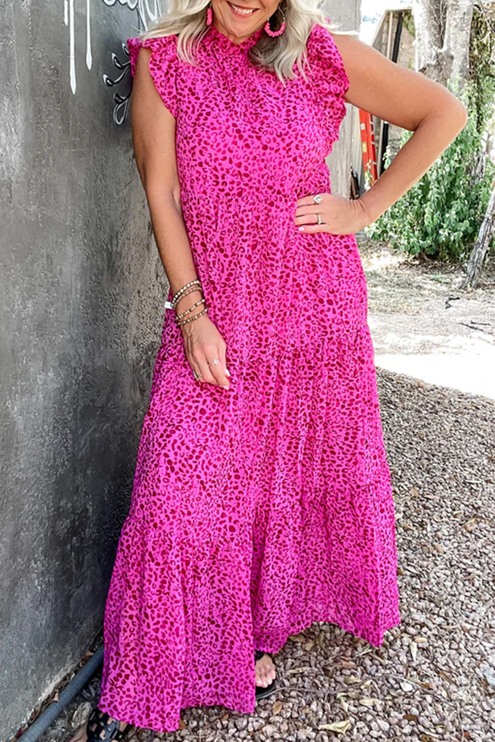 Leopard Print Ruffled Tiered Maxi Dress Maxi Dresses MyDresses Pink 8 | S 