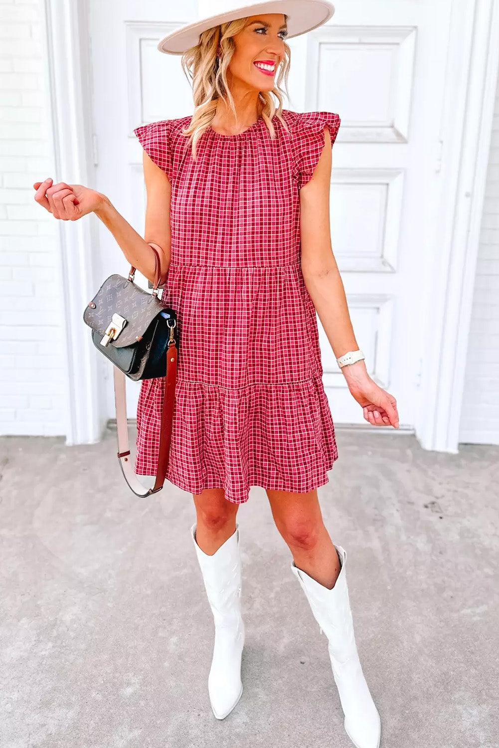 Plaid Tiered Mini Dress with Flutter Sleeve Mini Dresses MyDresses 