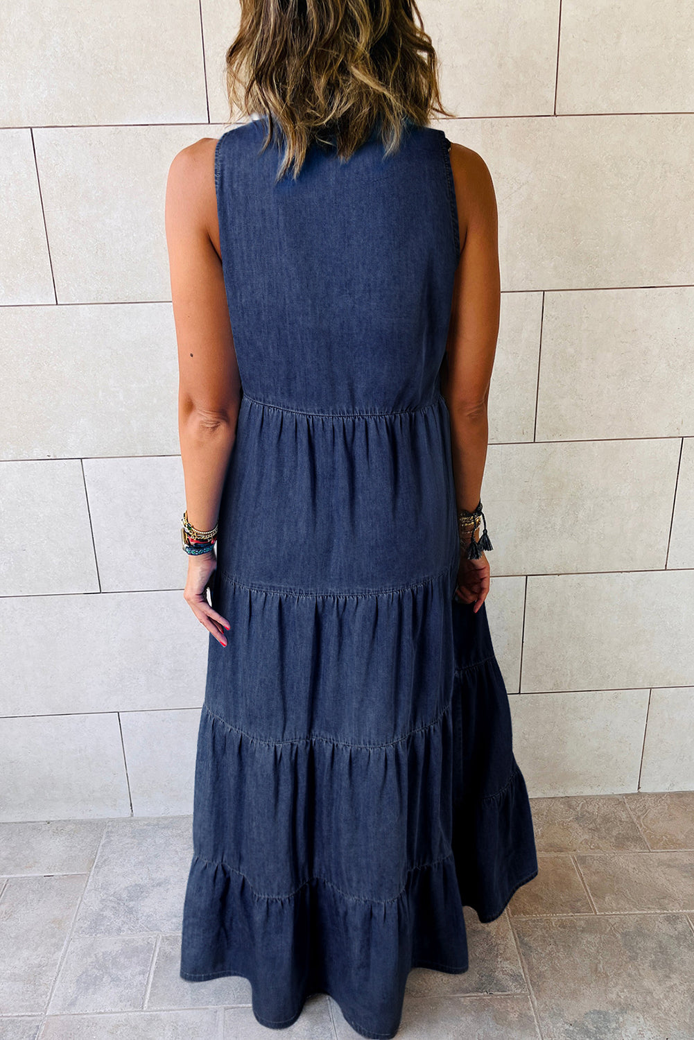 Sleeveless Tiered Chambray Maxi Dress Maxi Dresses MyDresses 