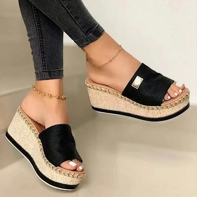 Woven Platform Wedge Sandals with Textured Strap Sandals MyDresses Black 4