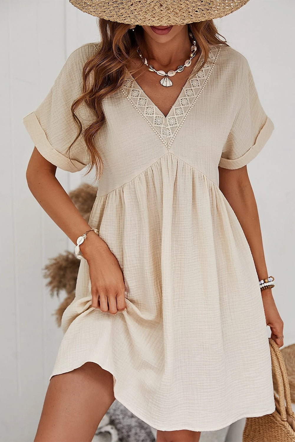 Folded Sleeve Lace V Neck Mini Dress Mini Dresses MyDresses 