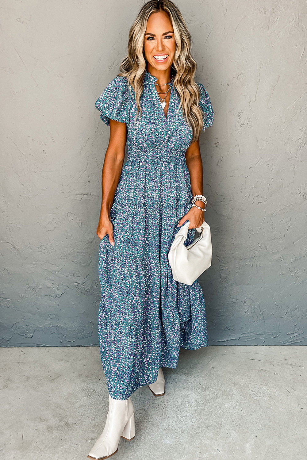 Floral Print Maxi Dress with Shirred Bodice and Puff Sleeves Maxi Dresses MyDresses 