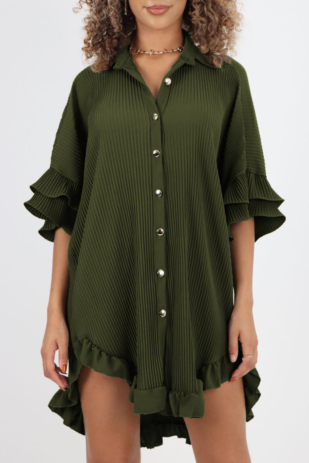 High-Low Hem Ruffle Sleeve Pleated Dress Mini Dresses MyDresses Moss Green 8 | S 