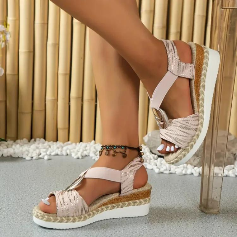 Wedge Sandals with Geometric Print and Metallic Detail Sandals MyDresses Pink 5