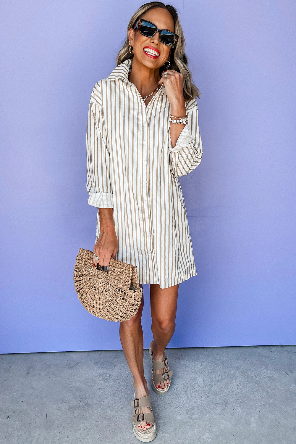 Striped Mini Shirt Dress with Button-Up Front and Long Sleeves Mini Dresses MyDresses 