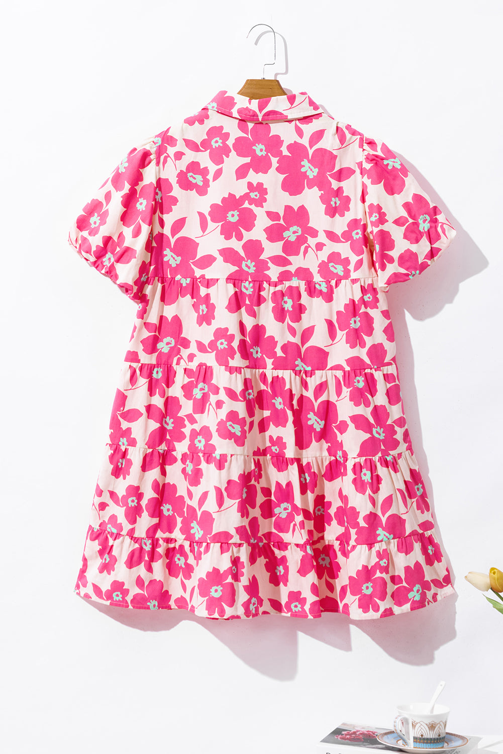 Floral Mini Shirt Dress with Puff Sleeves and Tiered Design Mini Dresses MyDresses 