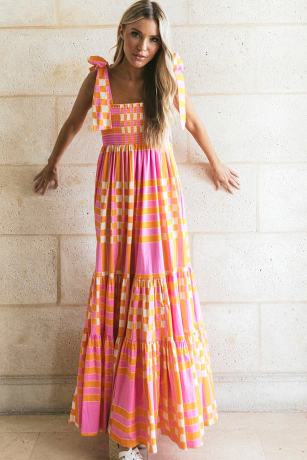 Boho Gingham Smocked Maxi Dress with Tied Straps Maxi Dresses MyDresses 