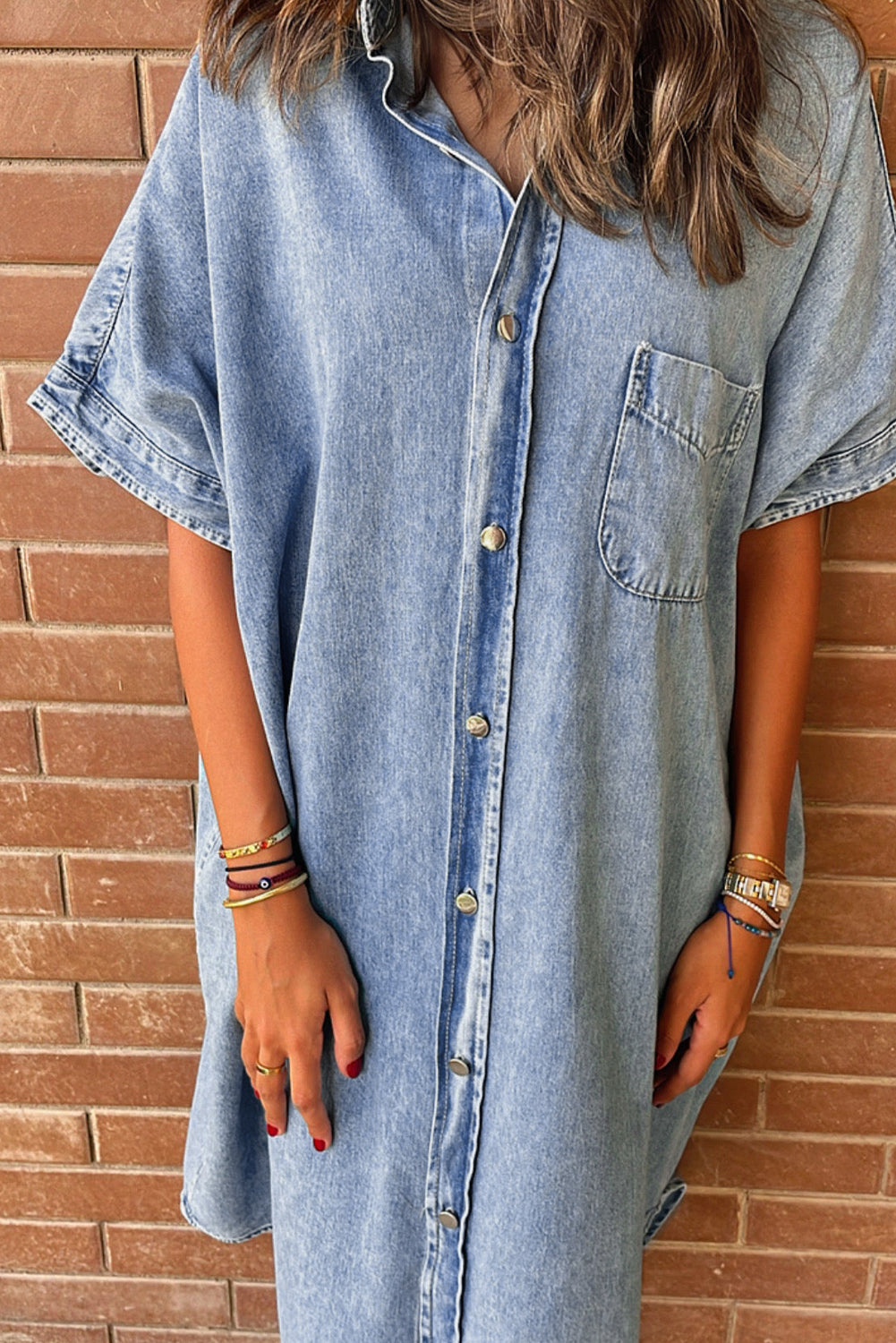 Loose Chambray Shirt Dress with Short Sleeves Midi Dresses MyDresses 