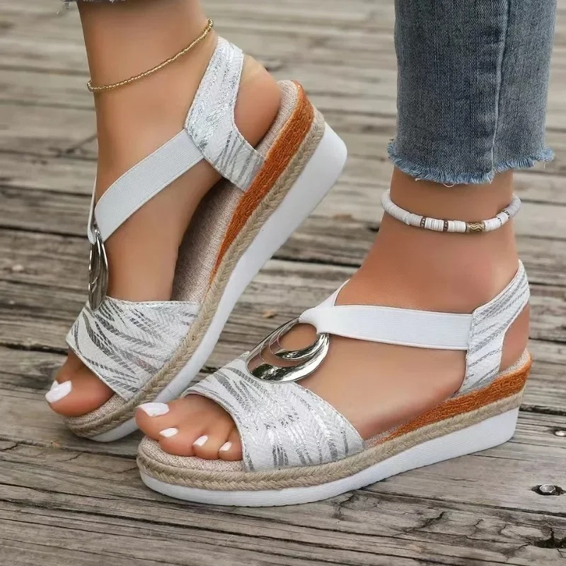 Wedge Sandals with Geometric Print and Metallic Detail Sandals MyDresses White 5