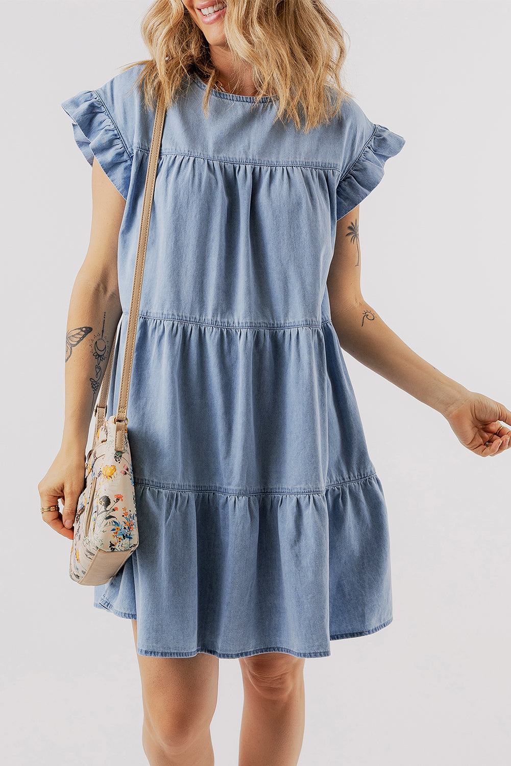 Ruffle Sleeve Denim Dress with Tiered A-line Design Mini Dresses MyDresses 