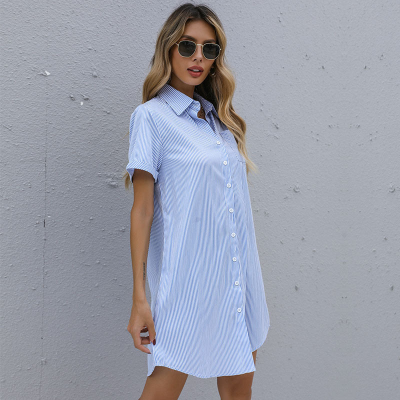 Striped Shirt Dress with Button-Down Front and Belt Mini Dresses MyDresses Blue 8 | S