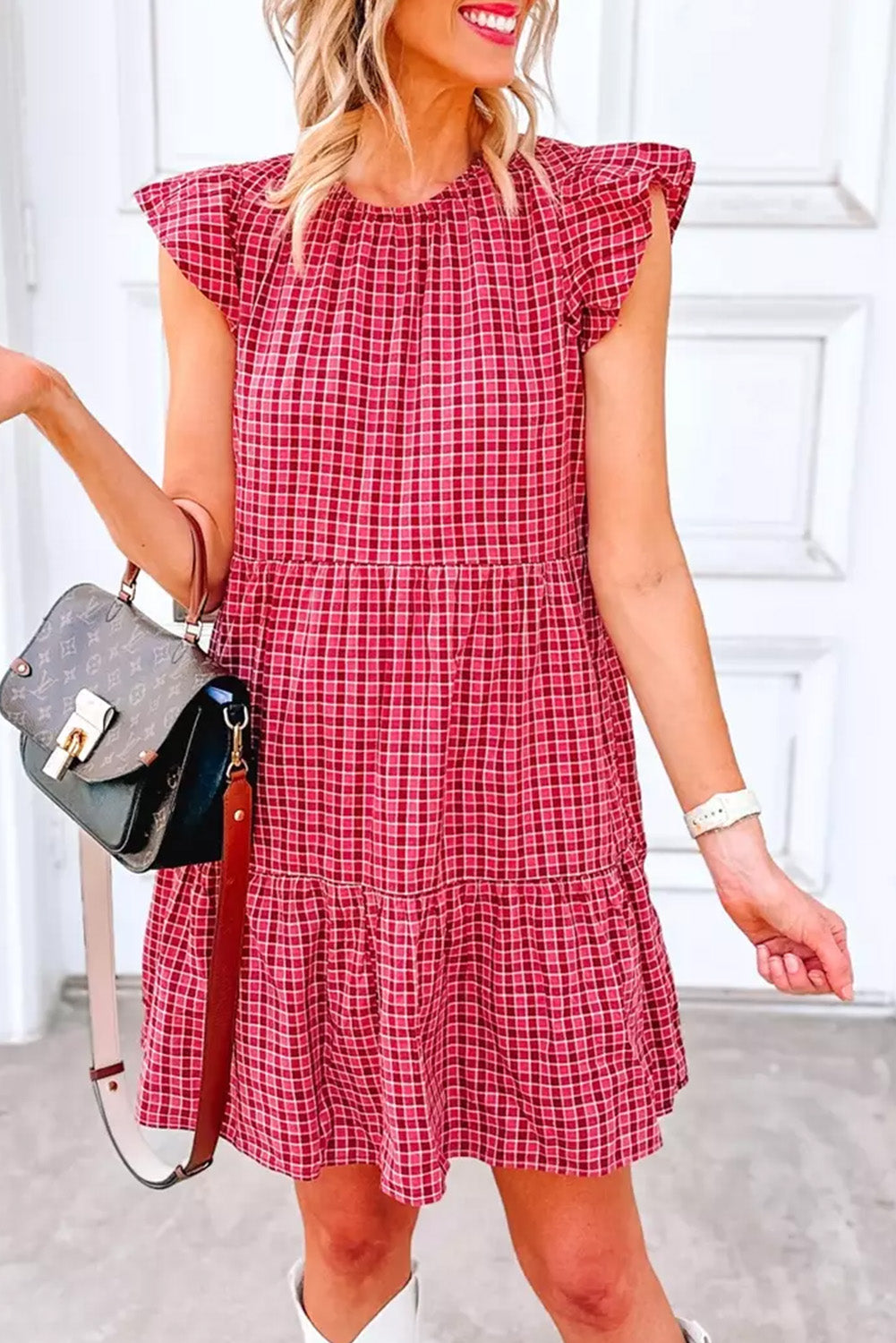 Plaid Tiered Mini Dress with Flutter Sleeve Mini Dresses MyDresses Red 8 | S 