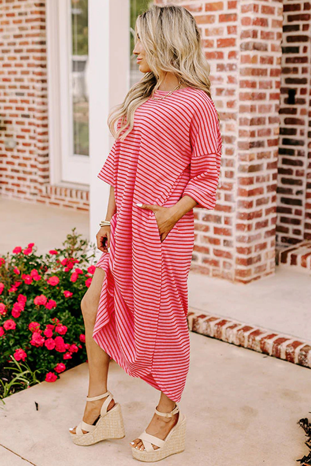 Striped Shift T-Shirt Dress with 3/4 Sleeves and Round Hem T Shirt Dresses MyDresses 