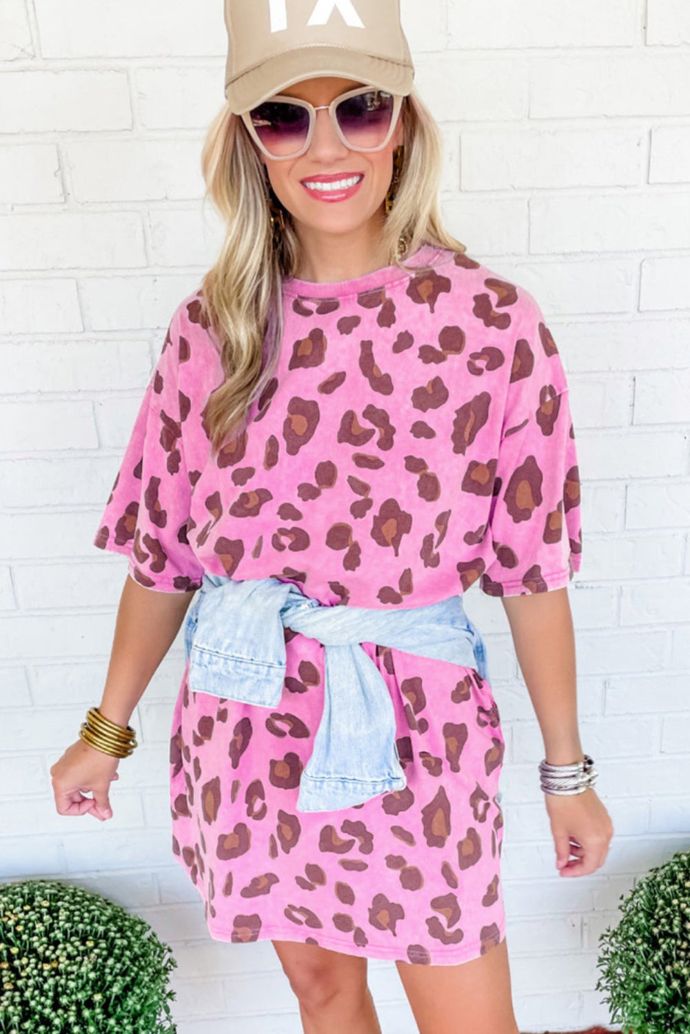 Leopard Print Mini Dress with Side Pockets and Mineral Wash T Shirt Dresses MyDresses 