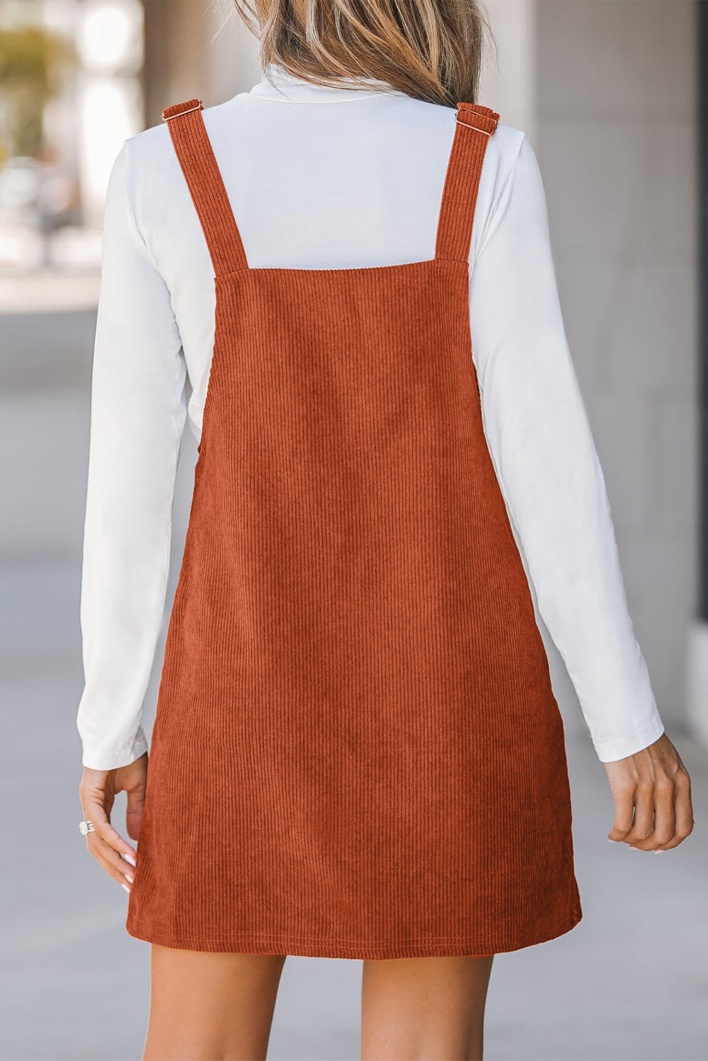 Cinnamon Solid Front Pockets Sleeveless Corduroy Overall Dress Mini Dresses MyDresses