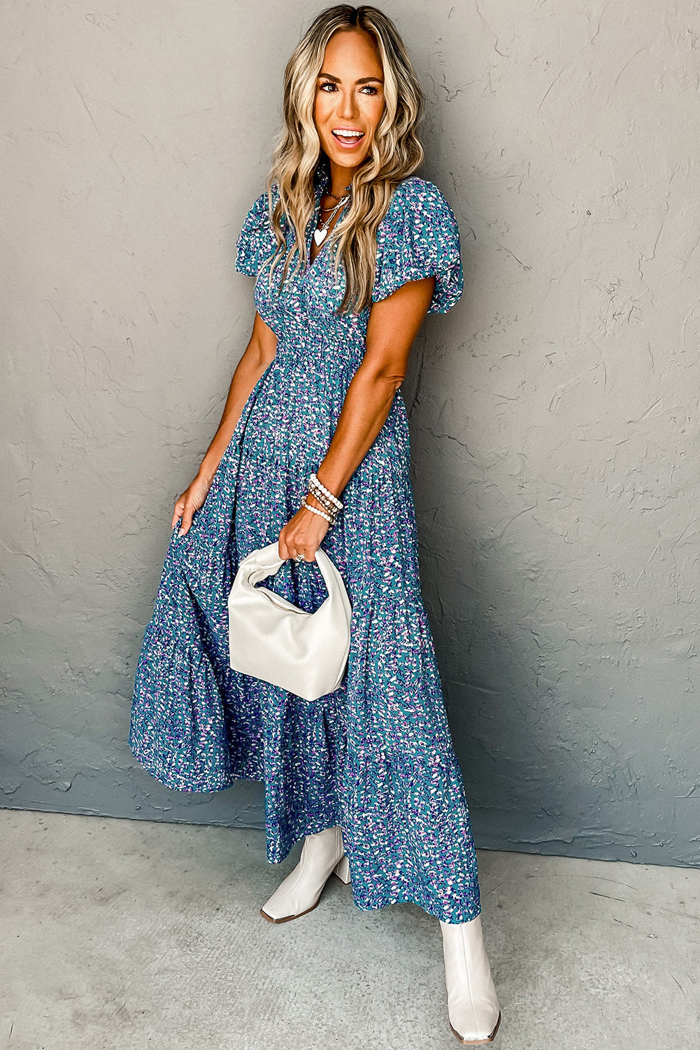 Floral Print Maxi Dress with Shirred Bodice and Puff Sleeves Maxi Dresses MyDresses 