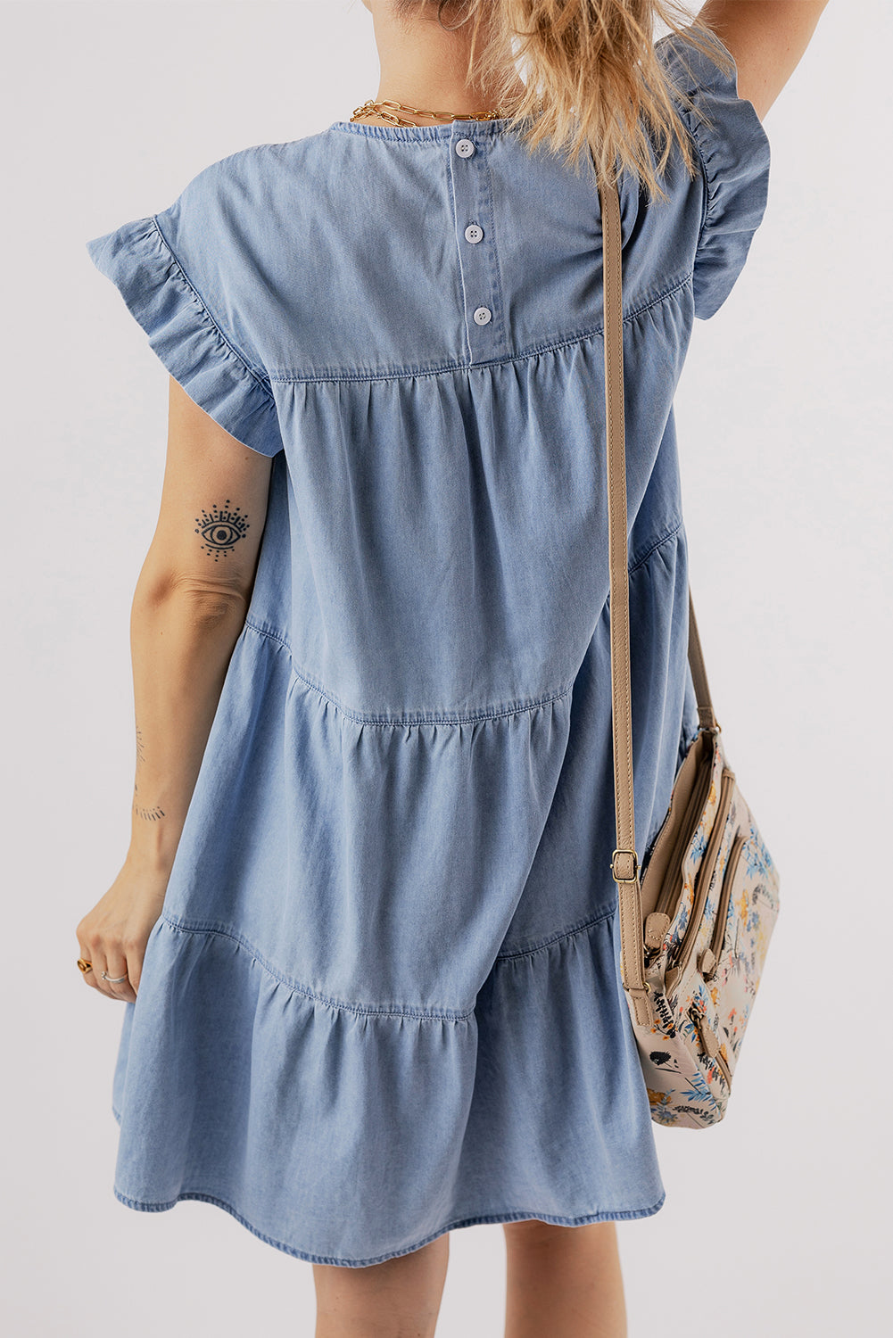 Ruffle Sleeve Denim Dress with Tiered A-line Design Mini Dresses MyDresses 