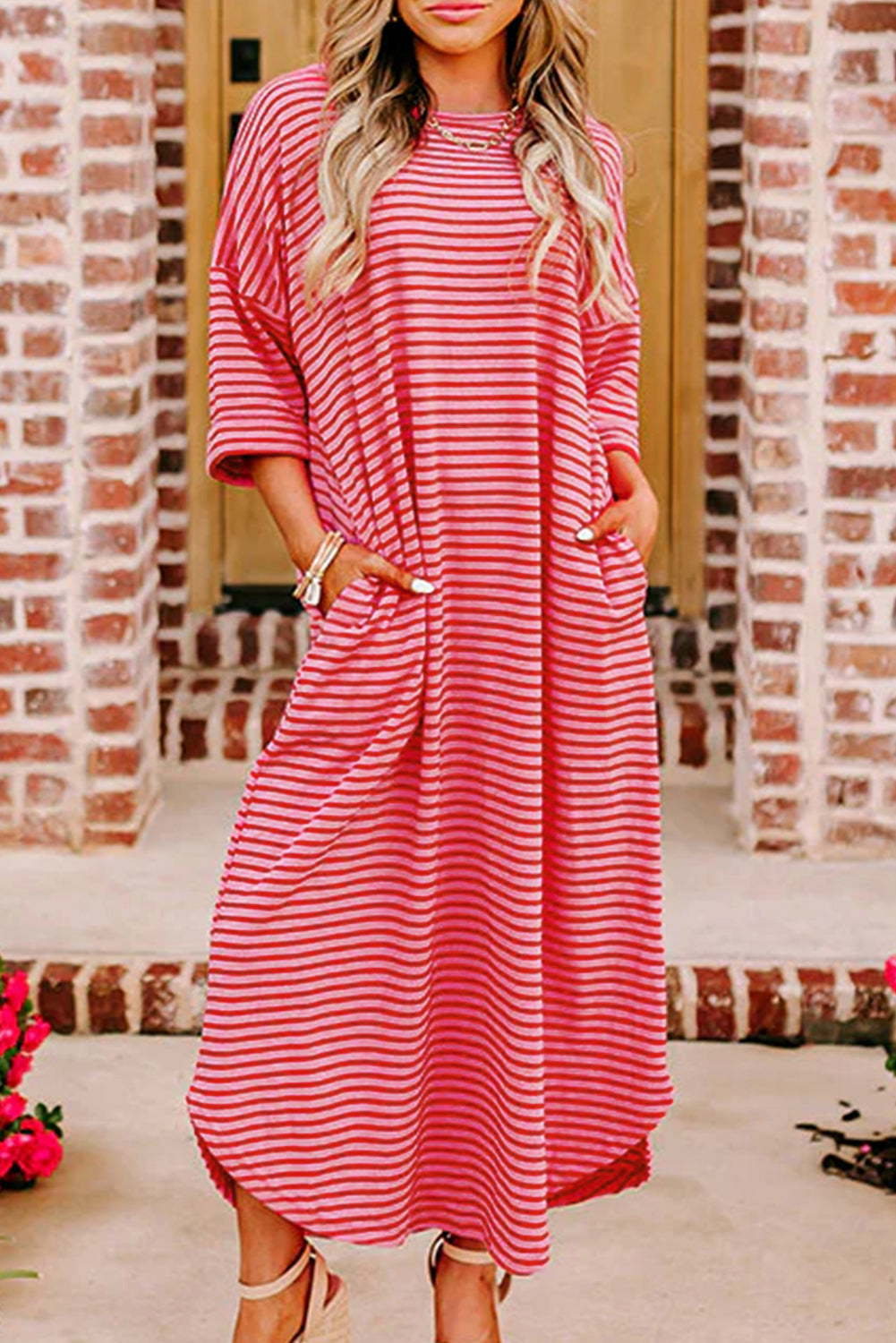 Striped Shift T-Shirt Dress with 3/4 Sleeves and Round Hem T Shirt Dresses MyDresses Pink 8 | S 