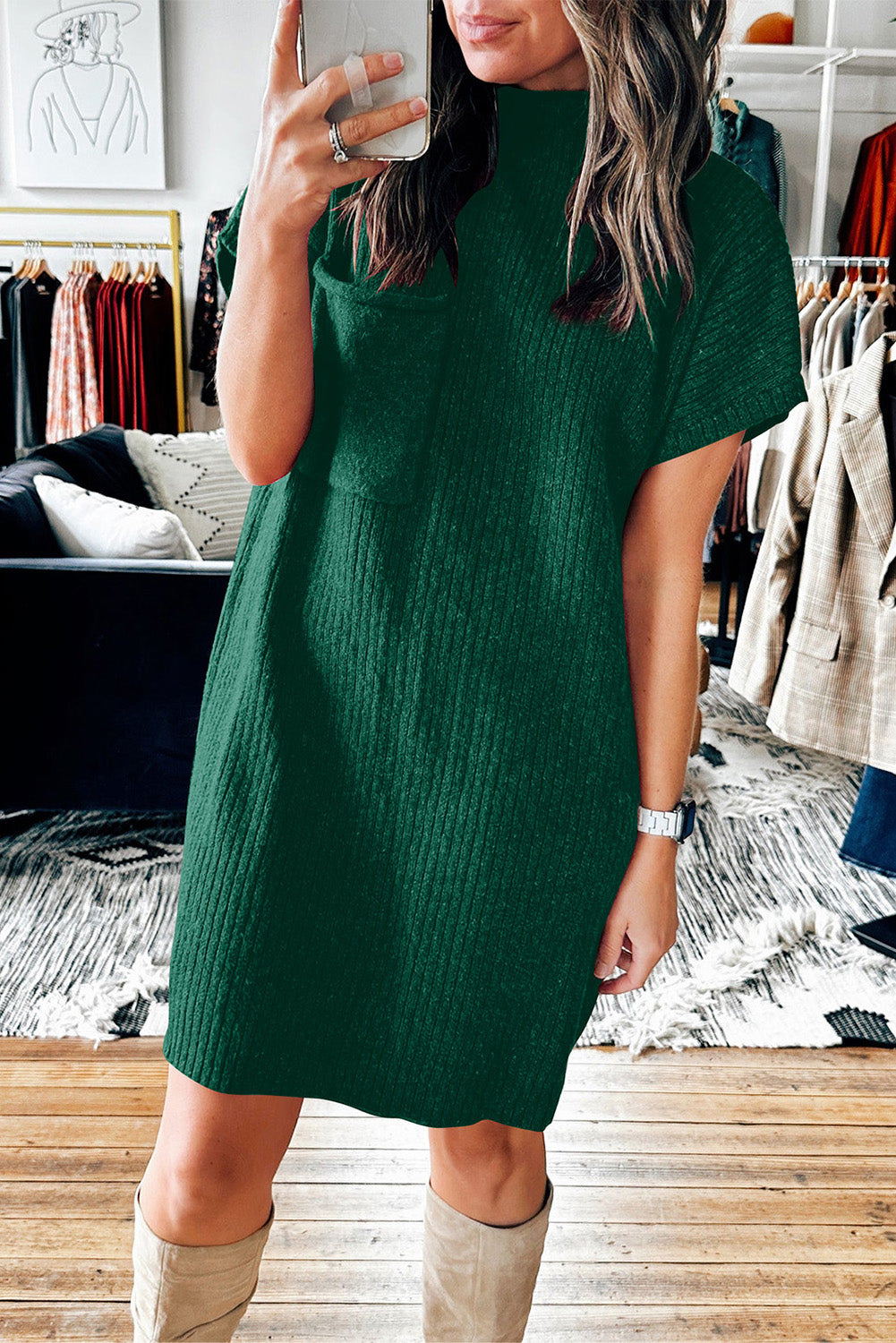 Patch Pocket Ribbed Knit Sweater Dress Mini Dresses MyDresses Blackish Green 8 | S 