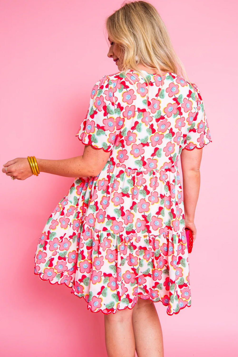 Floral Print Short Dress with Scalloped Sleeves and Ruffles Floral Dresses MyDresses 