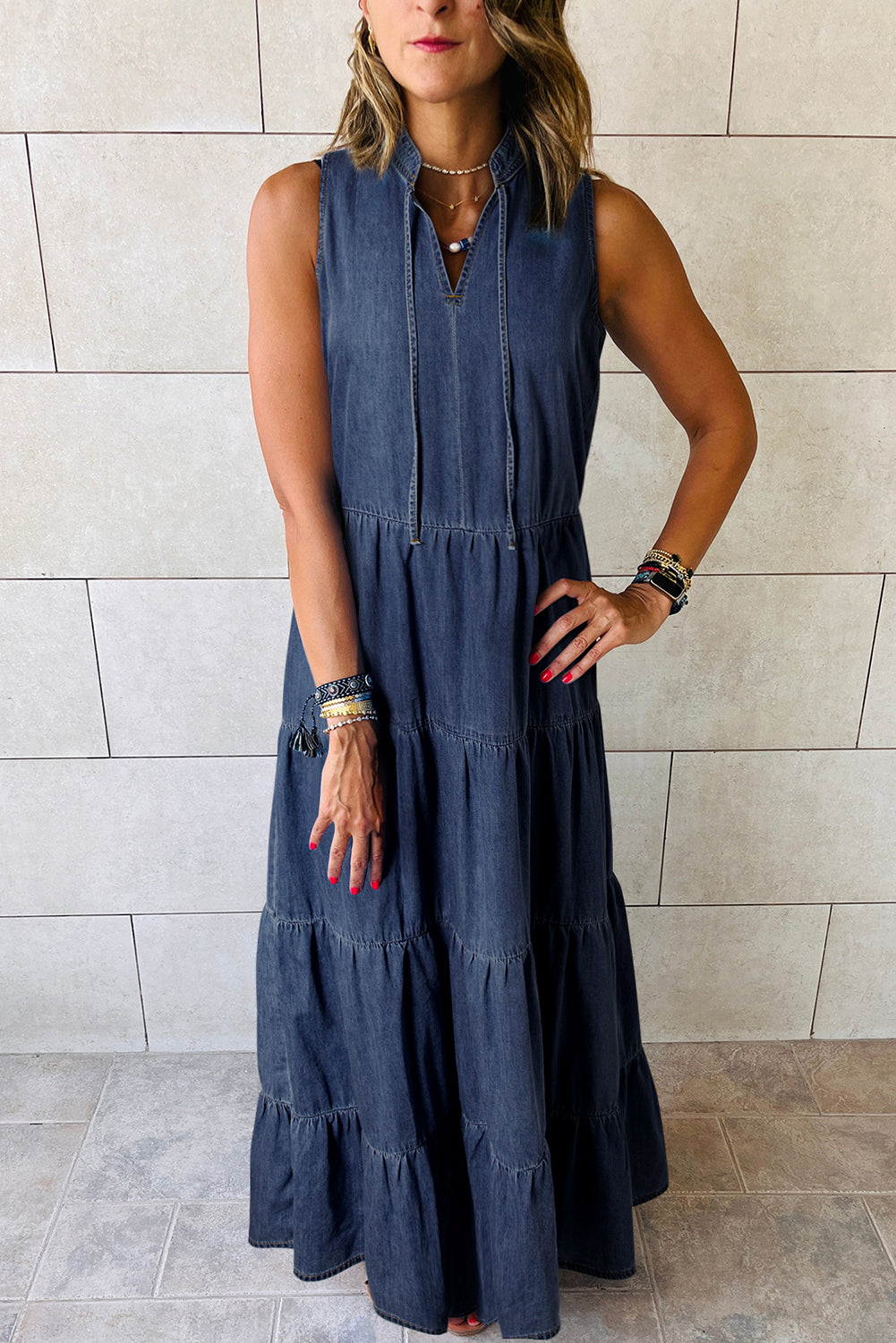 Sleeveless Tiered Chambray Maxi Dress Maxi Dresses MyDresses Dark Blue 8 | S 