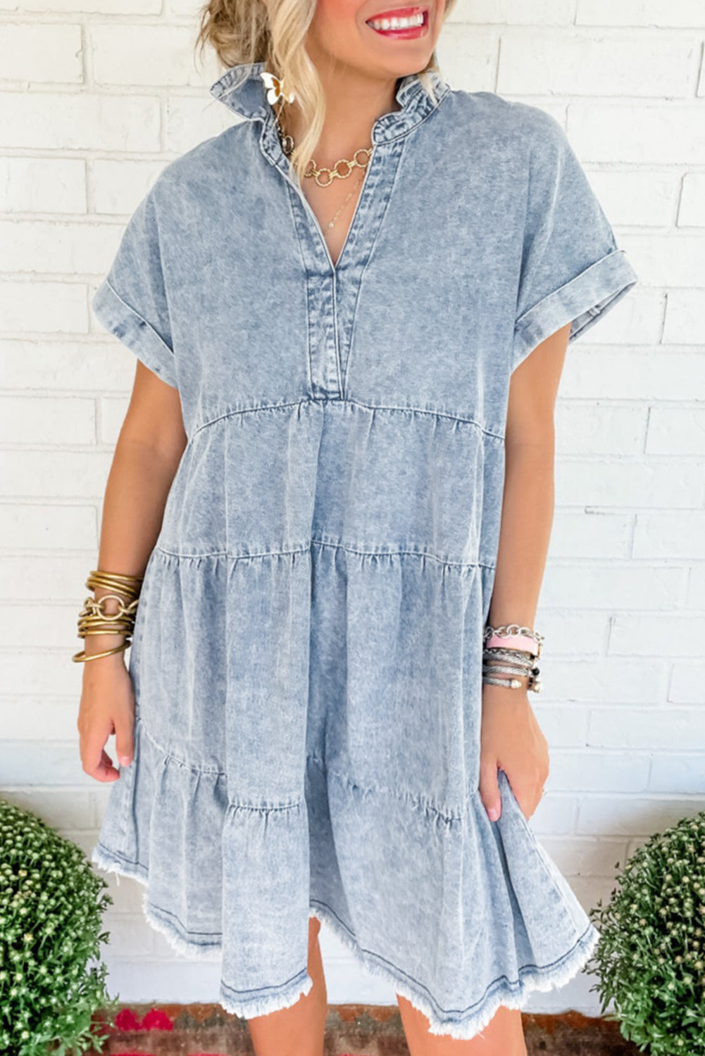 Acid Wash Tiered Denim Dress Mini Dresses MyDresses Beau Blue 8 | S 