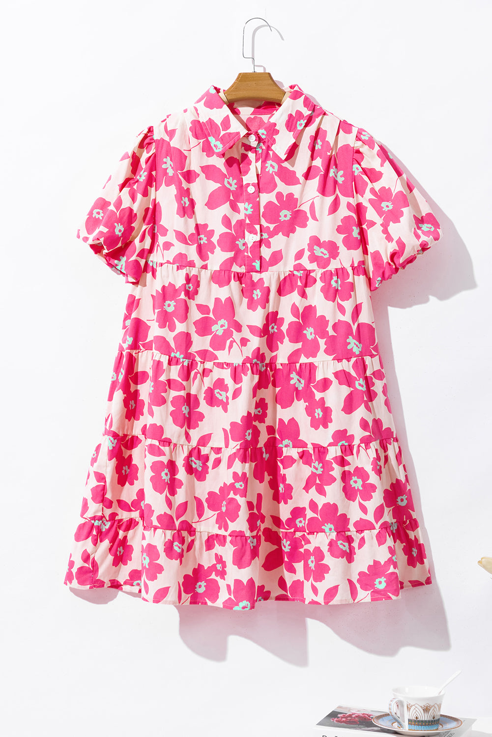 Floral Mini Shirt Dress with Puff Sleeves and Tiered Design Mini Dresses MyDresses 