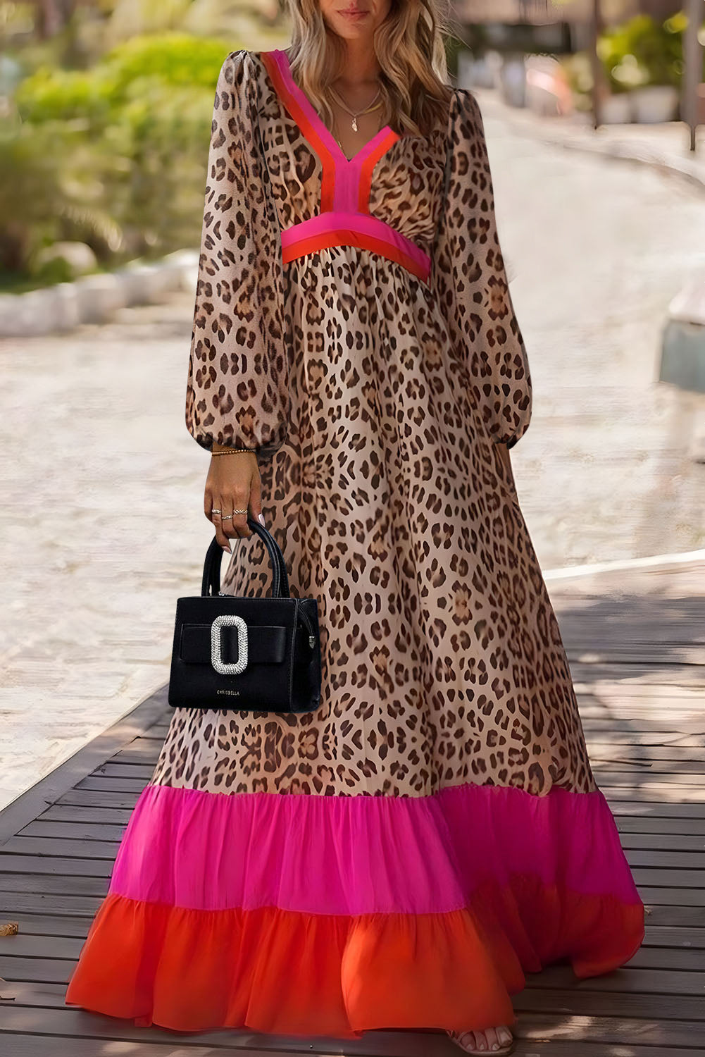 Leopard Print Maxi Dress with V-Neck and Tiered Hemline Maxi Dresses MyDresses Leopard Print 8 | S 