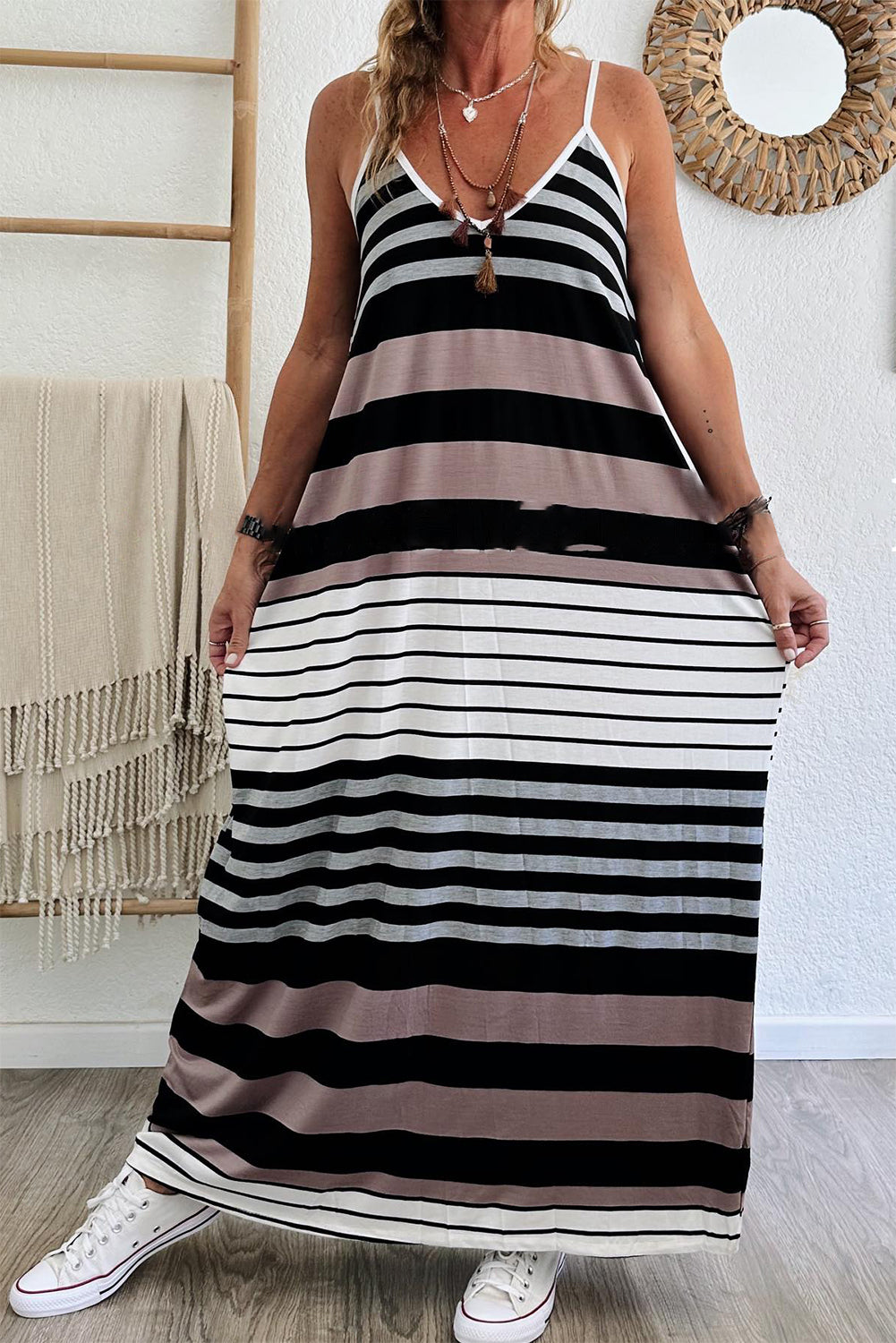 Striped Spaghetti Strap V-Neck Maxi Dress Maxi Dresses MyDresses 