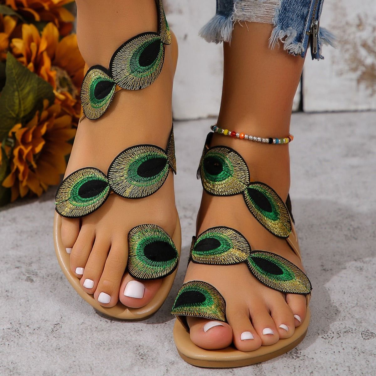 Peacock Feather Design Flat Sandals with Unique Open-Toe Style Sandals MyDresses Peacock Green 5