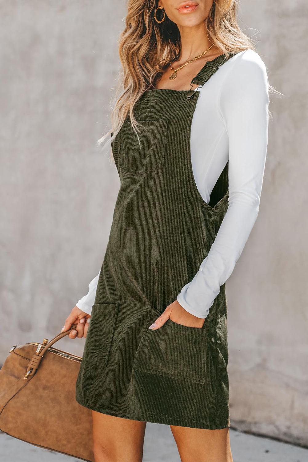 Corduroy Overall Dress with Adjustable Straps and Front Pockets Mini Dresses MyDresses 