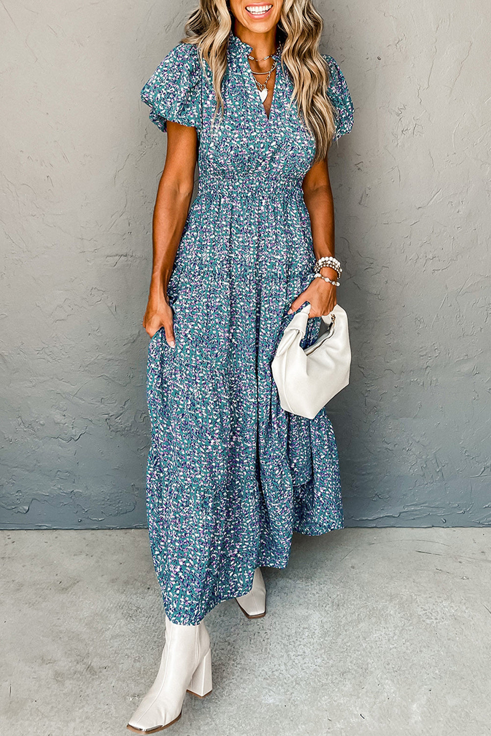 Floral Print Maxi Dress with Shirred Bodice and Puff Sleeves Maxi Dresses MyDresses Blue 8 | S 