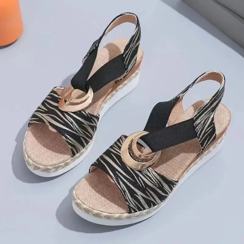 Wedge Sandals with Geometric Print and Metallic Detail Sandals MyDresses