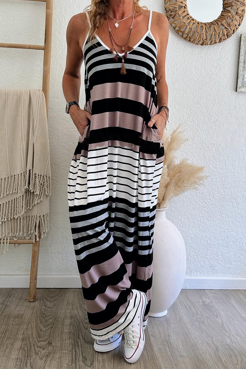 Striped Spaghetti Strap V-Neck Maxi Dress Maxi Dresses MyDresses 