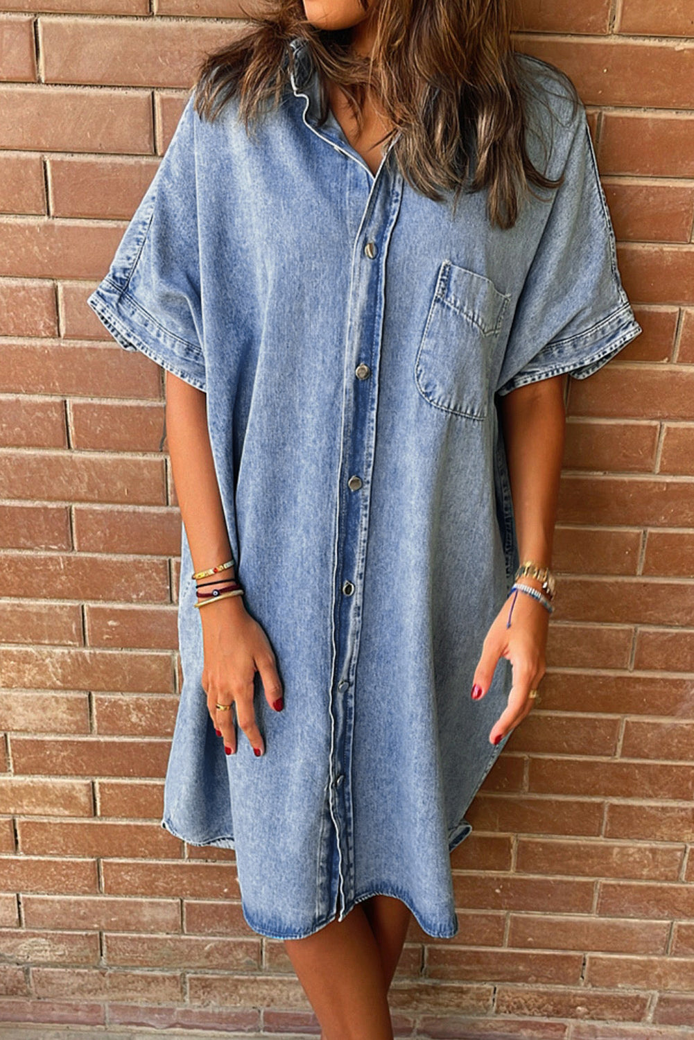 Loose Chambray Shirt Dress with Short Sleeves Midi Dresses MyDresses Light Blue 8 | S 