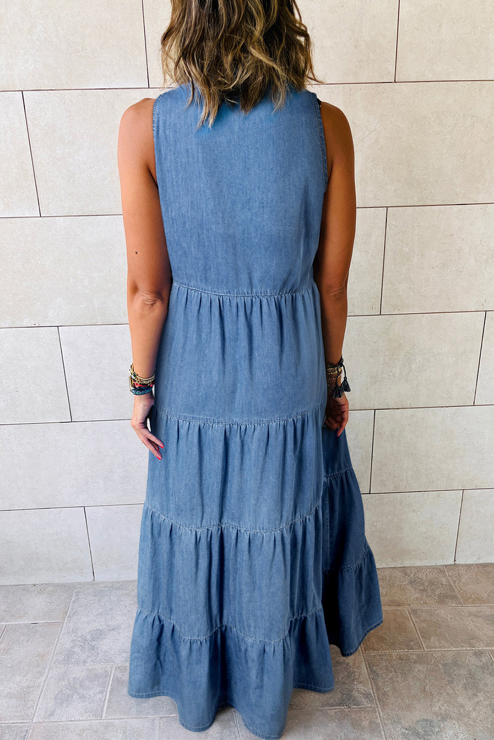 Sleeveless Tiered Chambray Maxi Dress Maxi Dresses MyDresses 