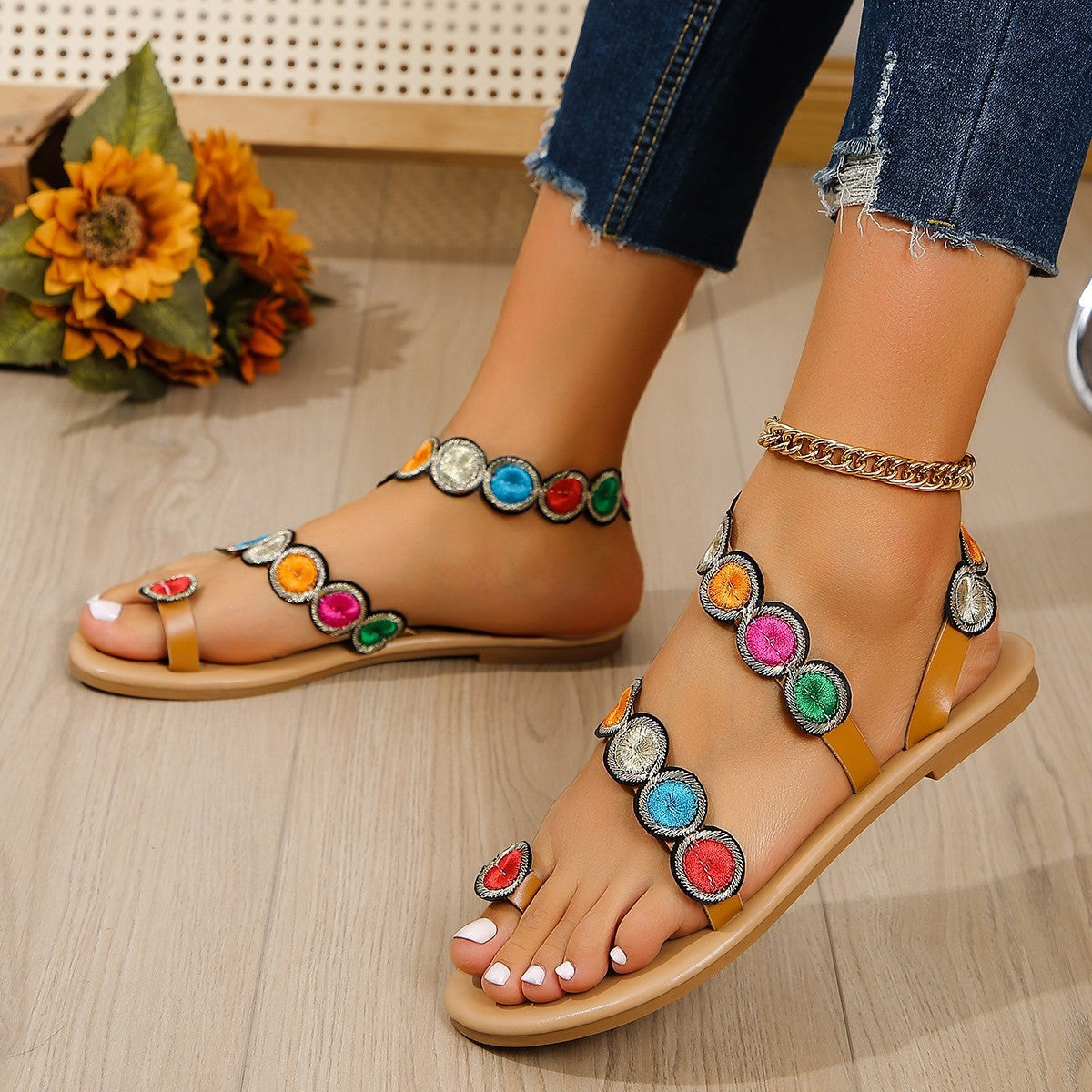 Peacock Feather Design Flat Sandals with Unique Open-Toe Style Sandals MyDresses